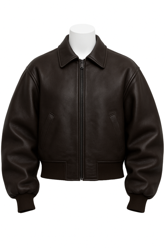 Men’s Dark Brown Leather Bomber Jacket – Classic Zip Front