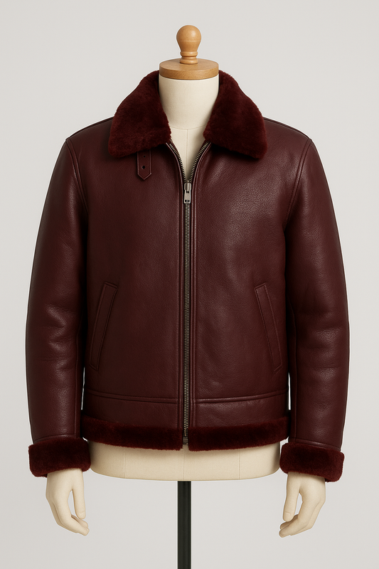 Men’s Burgundy Shearling Leather Jacket – Premium Winter Edition