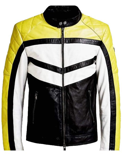 Cafe Racer Color Block Genuine Leather Jacket