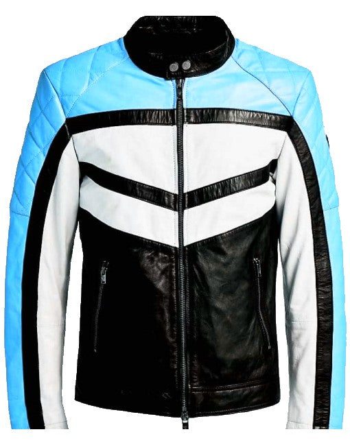 Cafe Racer Color Block Genuine Leather Jacket