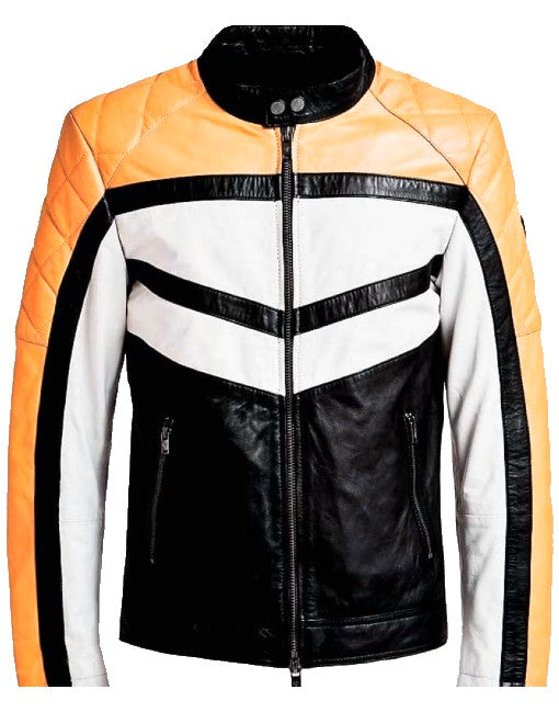 Cafe Racer Color Block Genuine Leather Jacket