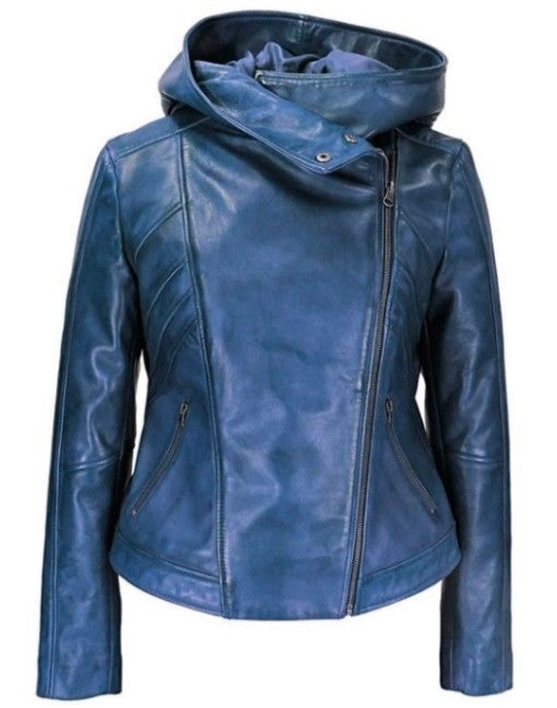 High Fashion Womens Hooded Leather Jacket