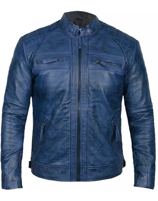 Mens Biker Leather Jacket Standing Collar