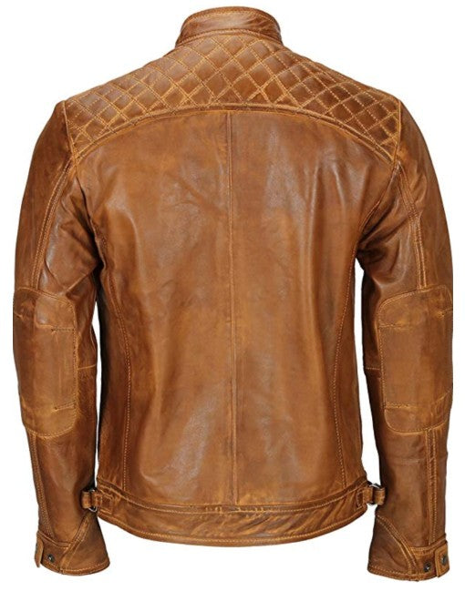 Mens Biker Leather Jacket Standing Collar