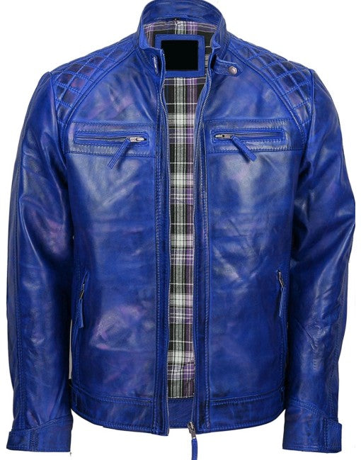 Mens Biker Leather Jacket Standing Collar
