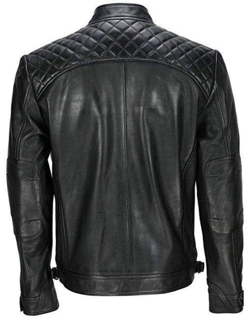 Mens Biker Leather Jacket Standing Collar