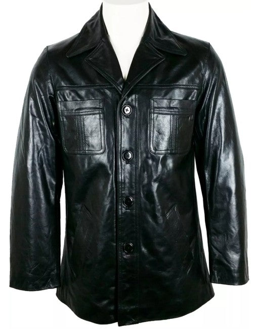 Mens Button Fastening Reefer Leather Jacket