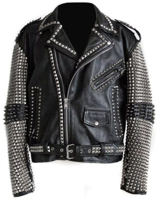Mens Real Leather Jacket Studded Punk Style Jacket