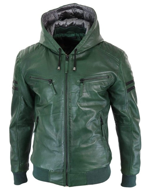 Smart Hooded Bomber Genuine Leather Jacket