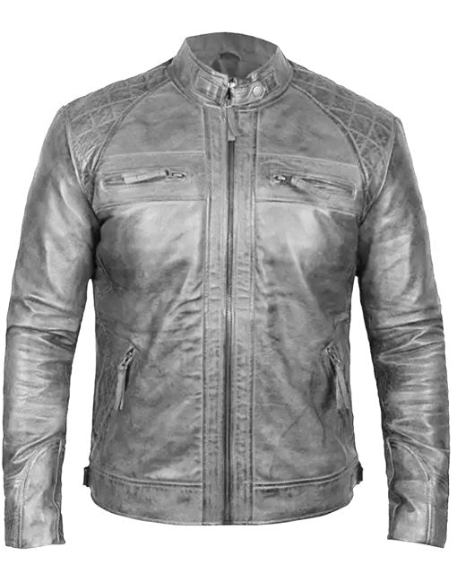 Mens Biker Leather Jacket Standing Collar