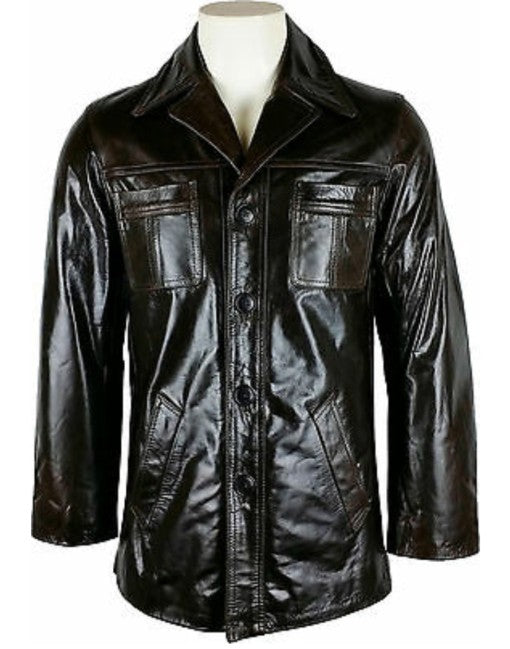 Mens Button Fastening Reefer Leather Jacket