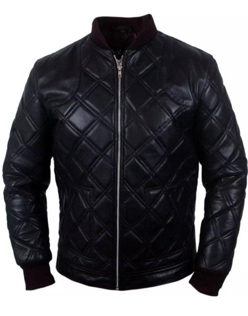 Mens Bomber Leather Jacket with Diamond Cut Quilt