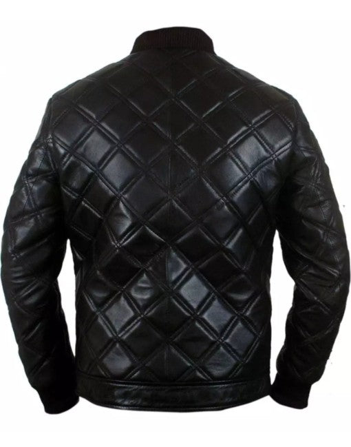 Mens Bomber Leather Jacket with Diamond Cut Quilt