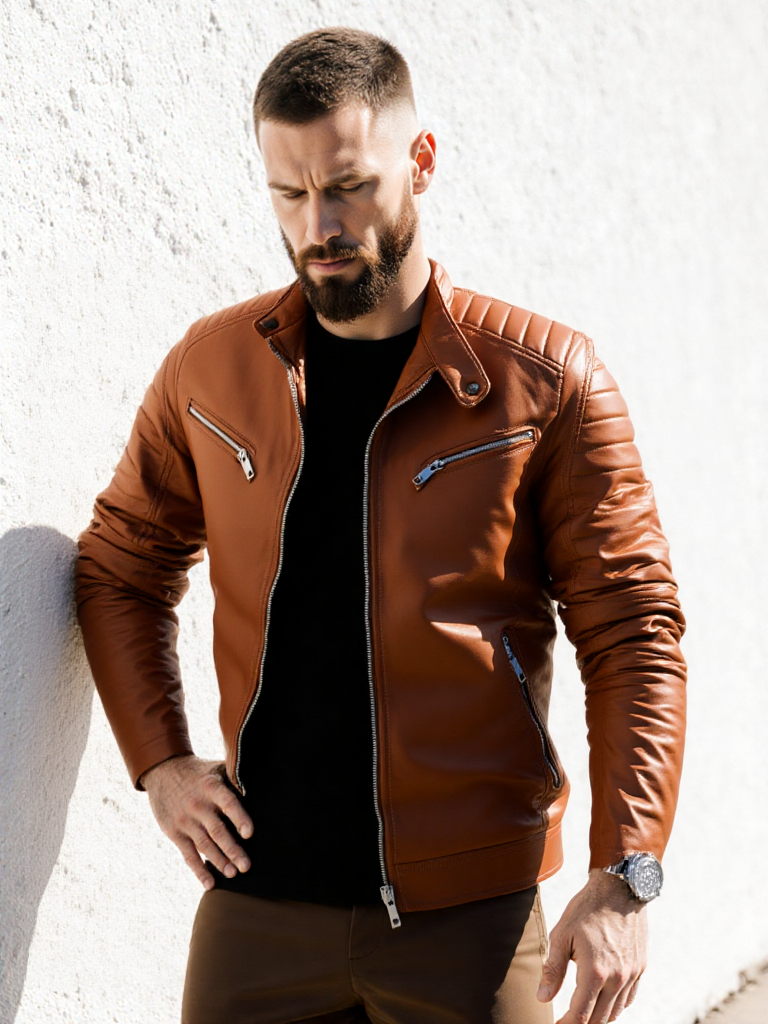 Men’s Brown Motorcycle Biker Stand Collar Quilted Shoulders Casual Classic Café Racer Zip-Up Slim Fit Leather Jacket