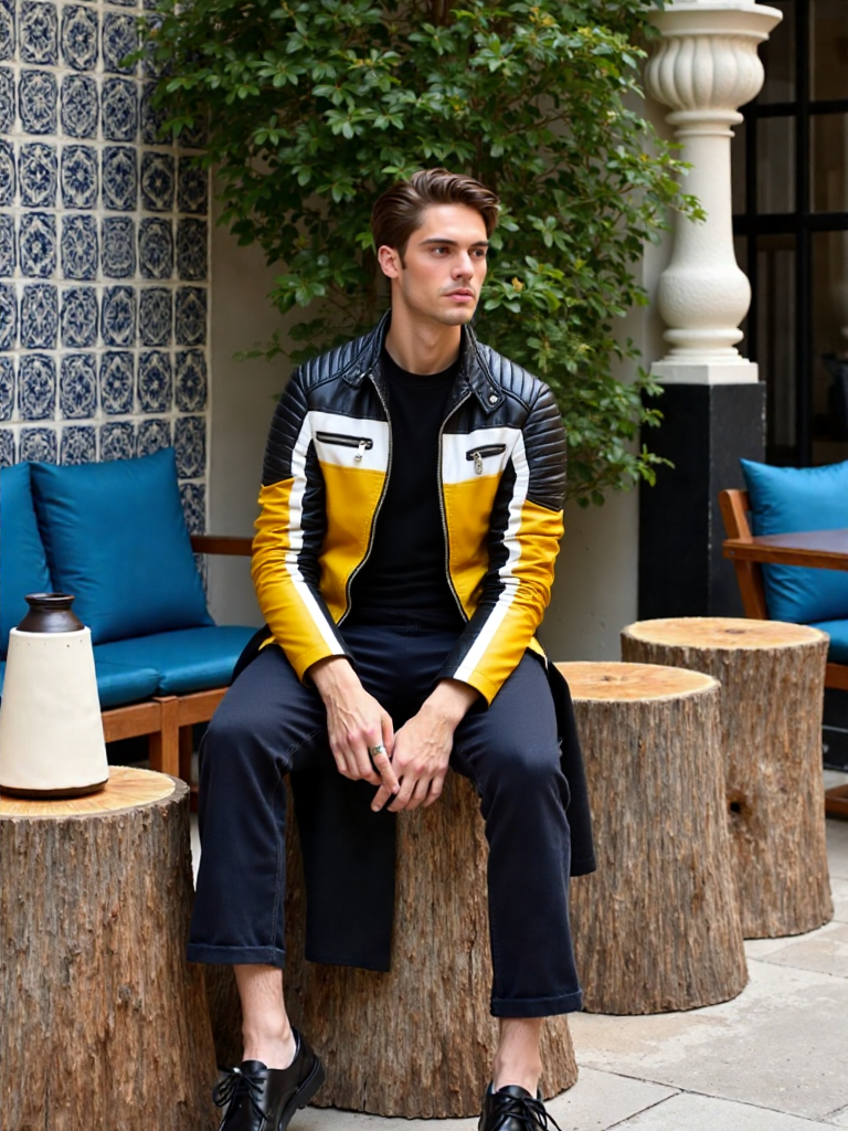 Men’s Mustard Yellow & Black Biker Leather Jacket – Quilted Racer Style