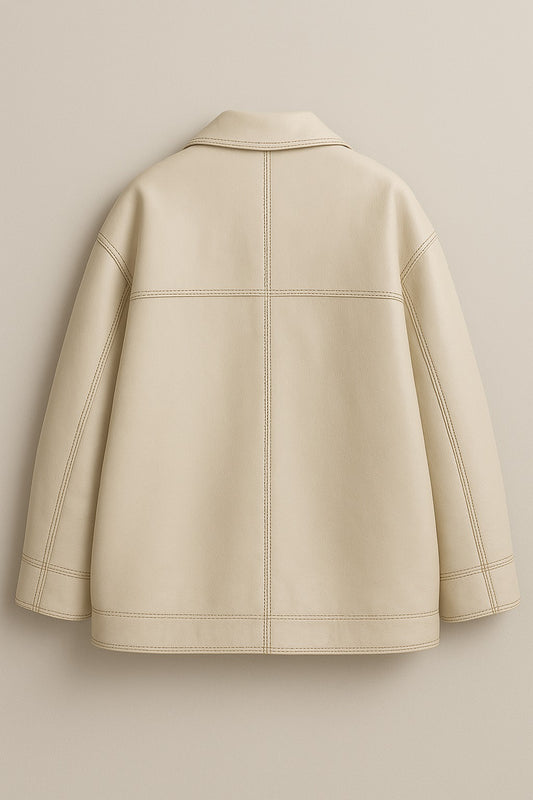 Women’s Cream Leather Shirt Jacket – Oversized Button Front | Premium Minimalist Style