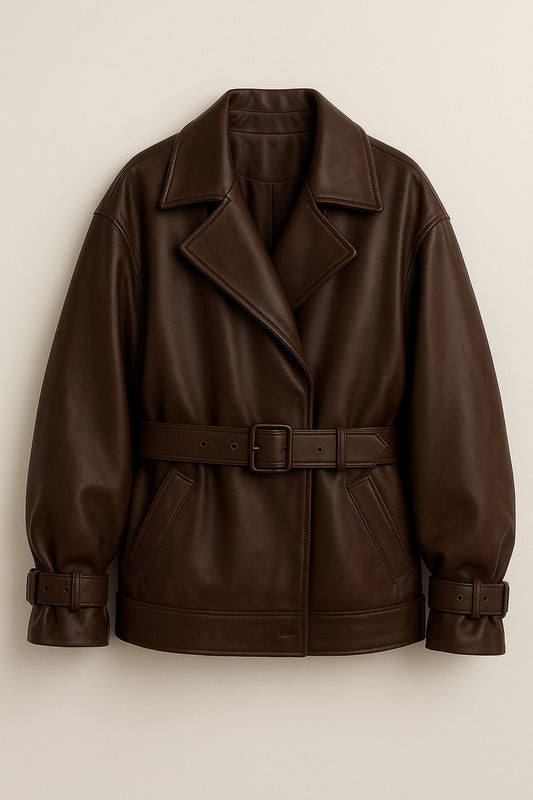 Women’s Brown Belted Leather Jacket – Classic Tailored Fit | Premium Full Grain Leather