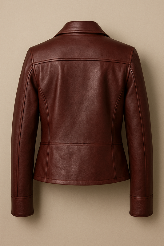 Women's Old Money Burgundy Leather Jacket with Rhinestone Embellishments