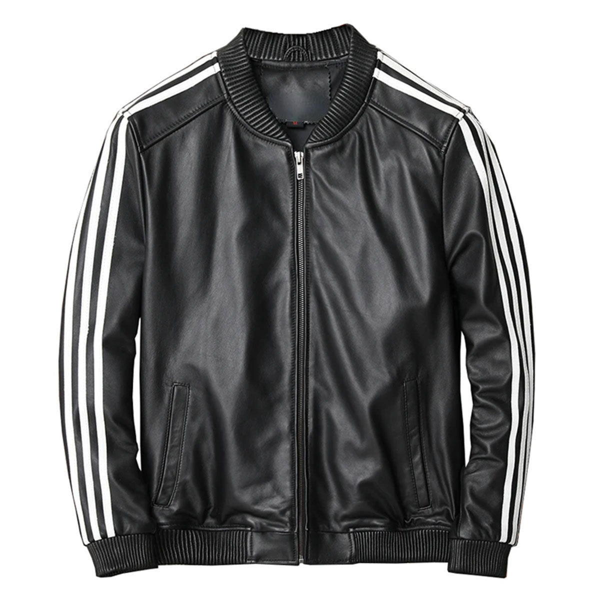 Men's Genuine Sheepskin Baseball Jacket Classic White Stripe for Winter Autumn Leather Bomber Jacket