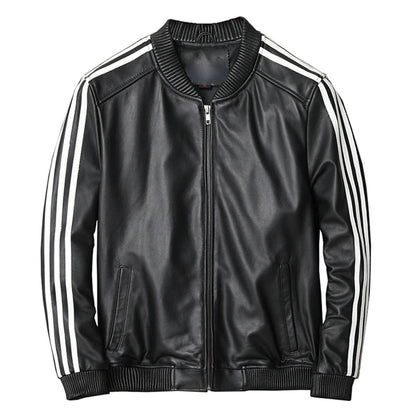 Men's Genuine Sheepskin Baseball Jacket Classic White Stripe for Winter Autumn Leather Bomber Jacket