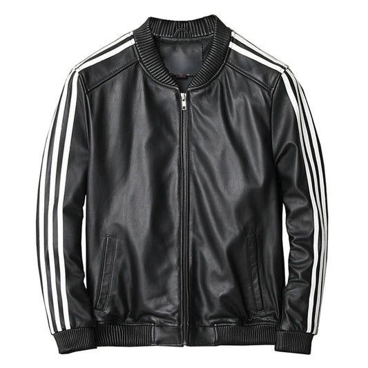 Men's Genuine Sheepskin Baseball Jacket Classic White Stripe for Winter Autumn Leather Bomber Jacket