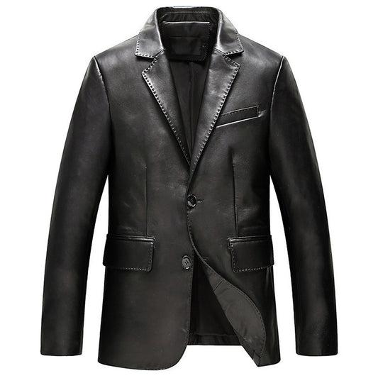 Men’s Black Genuine Sheepskin Single-Breasted Lapel Collar Casual Business Office Leather Blazer