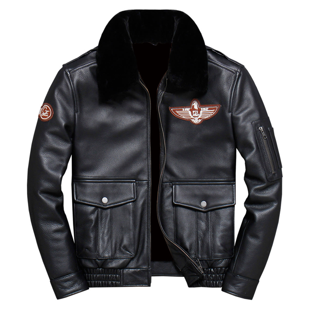 Men’s Black A2 Aviator Genuine Sheepskin Sherpa Faux Fur Turn-Down Collar G1 Military Air Force Leather Jacket