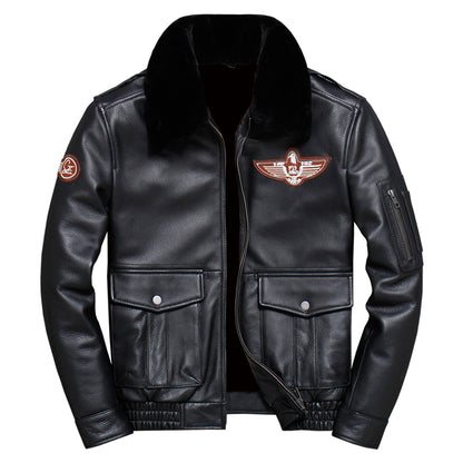 Men’s Black A2 Aviator Genuine Sheepskin Sherpa Faux Fur Turn-Down Collar G1 Military Air Force Leather Jacket