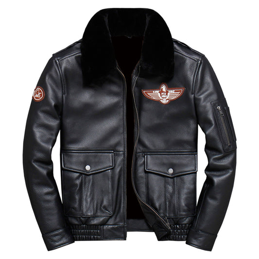 Men’s Black A2 Aviator Genuine Sheepskin Sherpa Faux Fur Turn-Down Collar G1 Military Air Force Leather Jacket