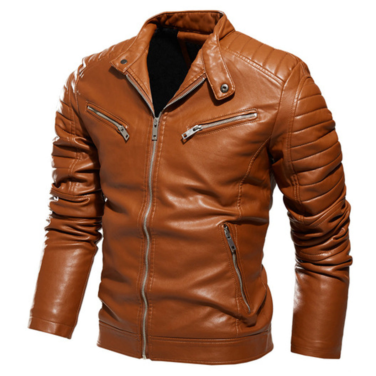 Men’s Brown Motorcycle Biker Stand Collar Quilted Shoulders Casual Classic Café Racer Zip-Up Slim Fit Leather Jacket