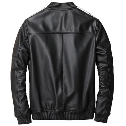 Men's Genuine Sheepskin Baseball Jacket Classic White Stripe for Winter Autumn Leather Bomber Jacket
