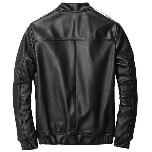 Men's Genuine Sheepskin Baseball Jacket Classic White Stripe for Winter Autumn Leather Bomber Jacket