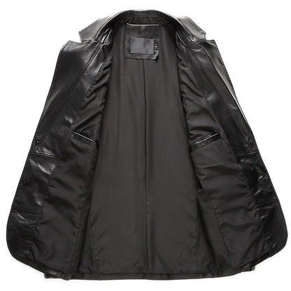 Men’s Black Genuine Sheepskin Single-Breasted Lapel Collar Casual Business Office Leather Blazer