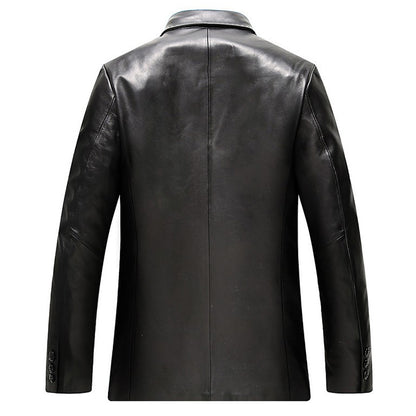 Men’s Black Genuine Sheepskin Single-Breasted Lapel Collar Casual Business Office Leather Blazer