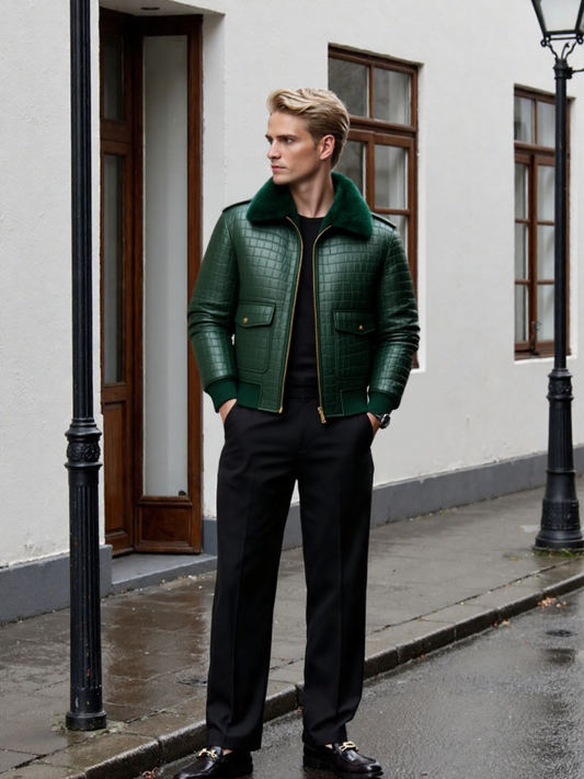 Men’s Emerald Croc-Textured Leather Aviator Jacket with Fur Collar