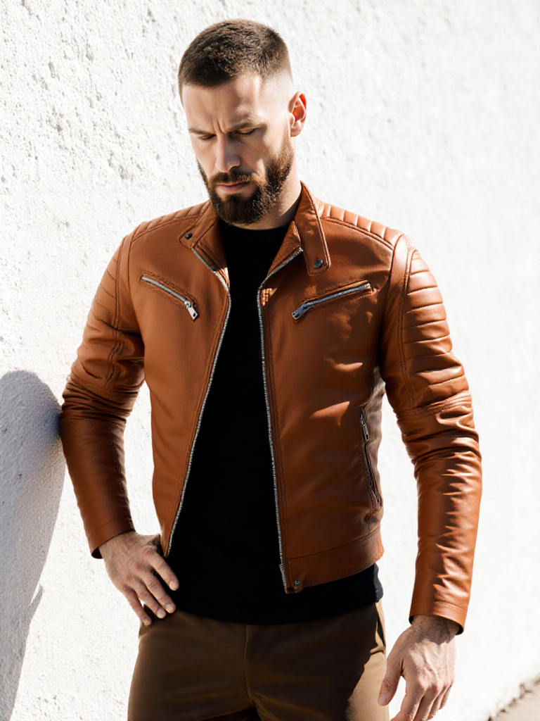 Men’s Brown Motorcycle Biker Stand Collar Quilted Shoulders Casual Classic Café Racer Zip-Up Slim Fit Leather Jacket