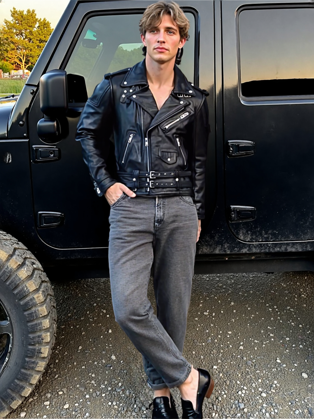 Dual Belt Brando Genuine Leather Jacket