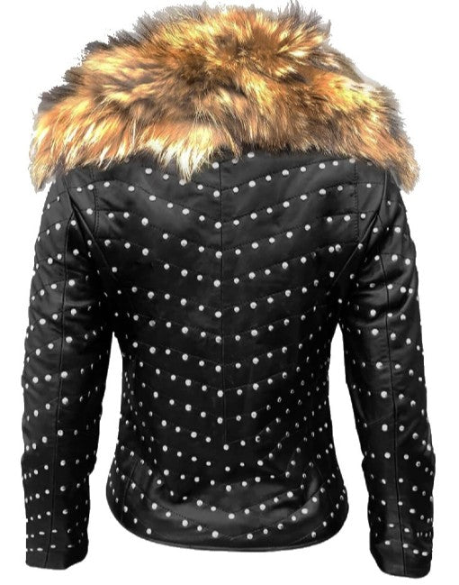 Shiny Studded Leather Jacket With Fur