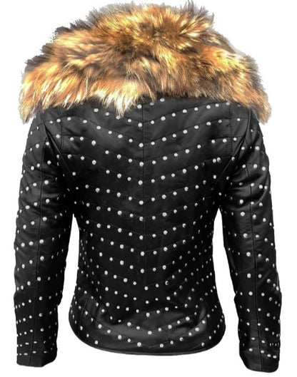Shiny Studded Leather Jacket With Fur