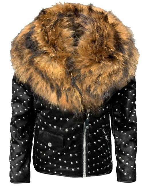 Shiny Studded Leather Jacket With Fur