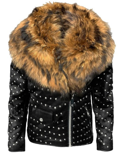 Shiny Studded Leather Jacket With Fur