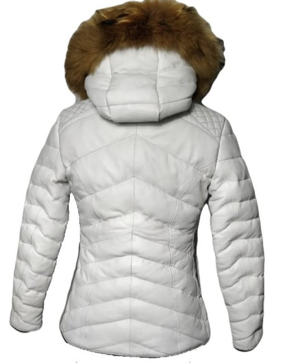 Womens Puffer Hooded Leather Jacket