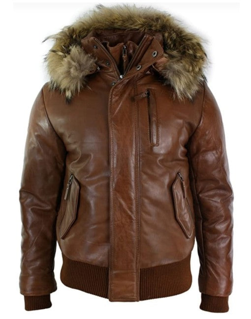 Mens Fox Fur Bomber Leather Jacket
