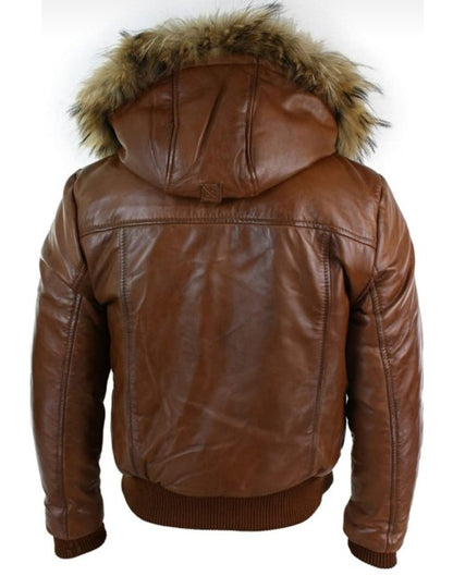 Mens Fox Fur Bomber Leather Jacket
