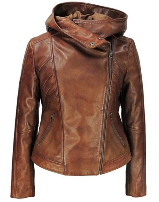 High Fashion Womens Hooded Leather Jacket