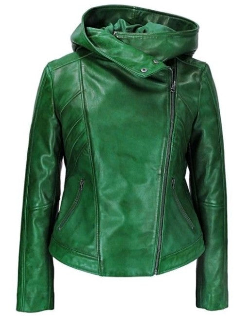 High Fashion Womens Hooded Leather Jacket