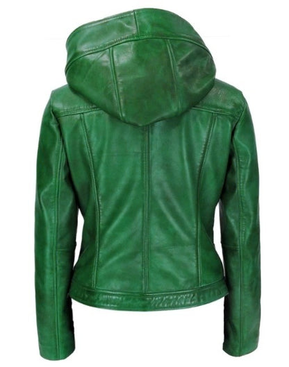 High Fashion Womens Hooded Leather Jacket