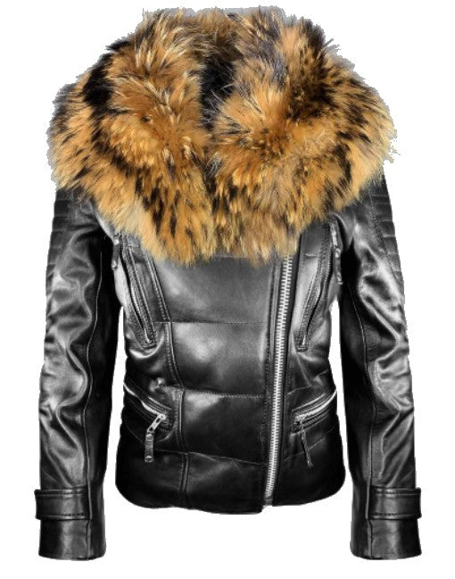 Women’s Genuine Fox Fur Puffer Leather Jacket