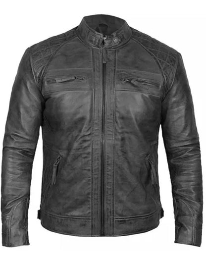 Mens Biker Leather Jacket Standing Collar