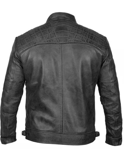 Mens Biker Leather Jacket Standing Collar